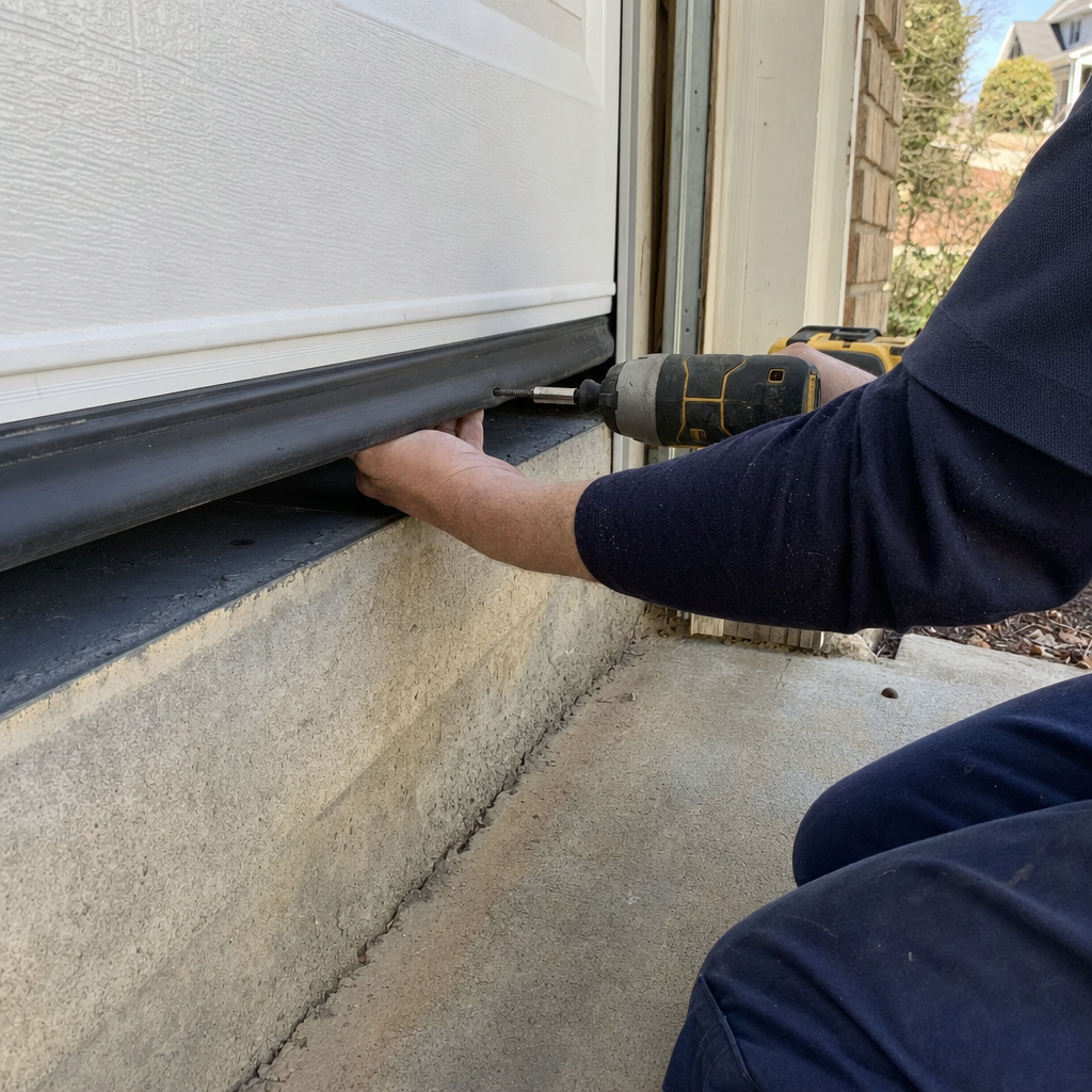 Professional installing garage door bottom seal with a power drill