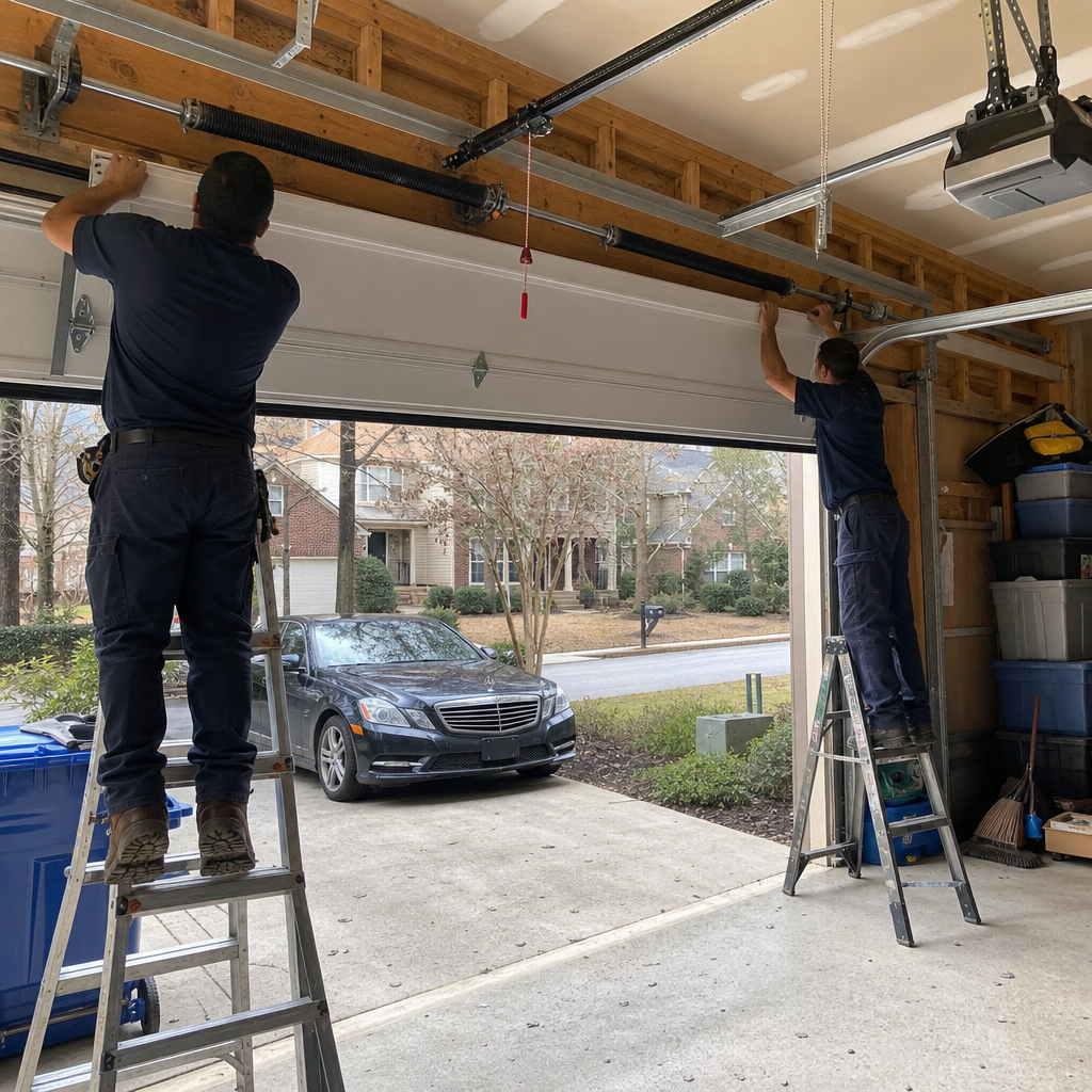 Garage door installation technicians working on opener system