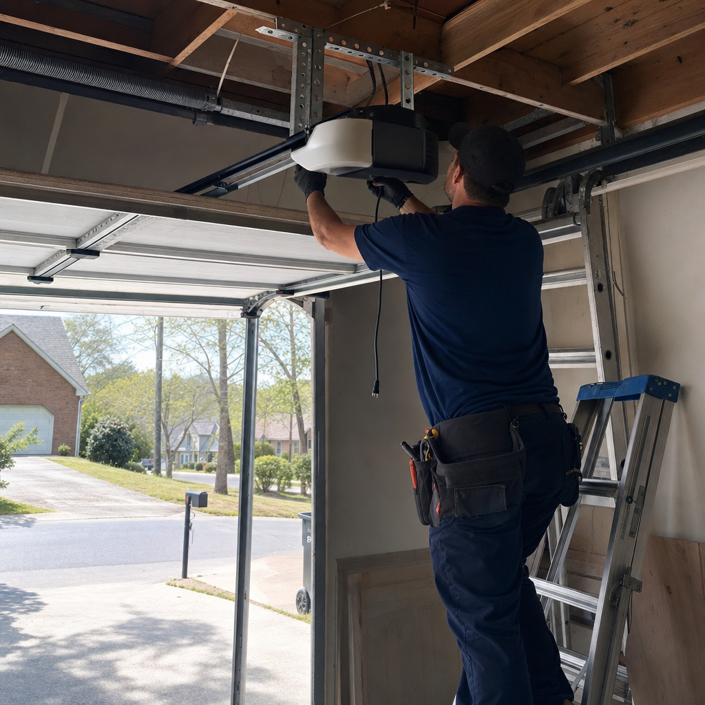 Technician installing garage door opener on ladder