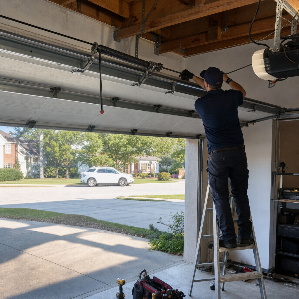 Technician repairing garage door spring with tools