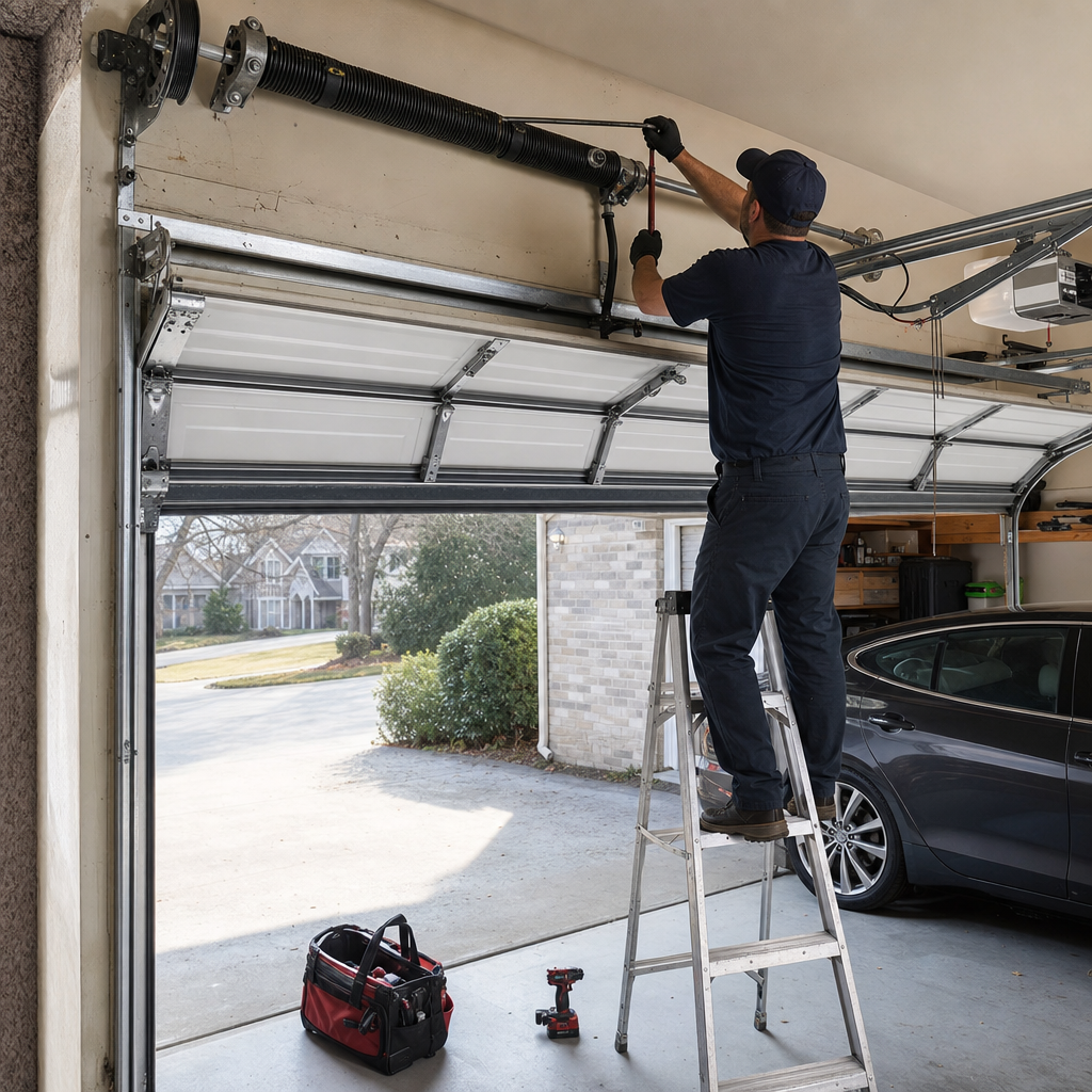 Garage door repair technician working on overhead door spring