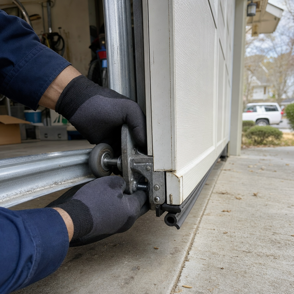 Technician performing emergency garage door repair, adjusting roller on track. in Vinings, GA