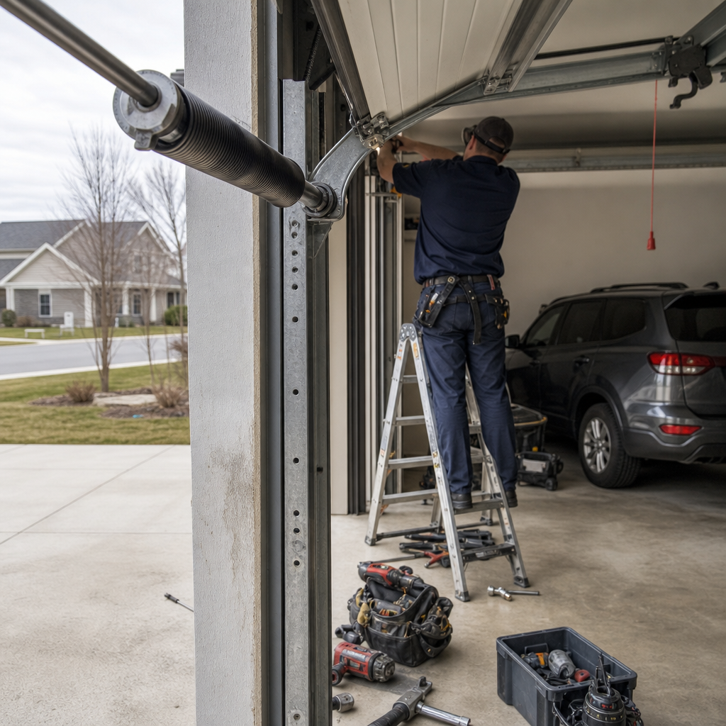 Technician performs emergency garage door repair on spring in Vinings, GA