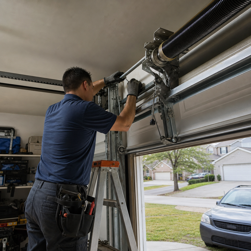 Garage door technician performing emergency repair on spring system in Vinings, GA