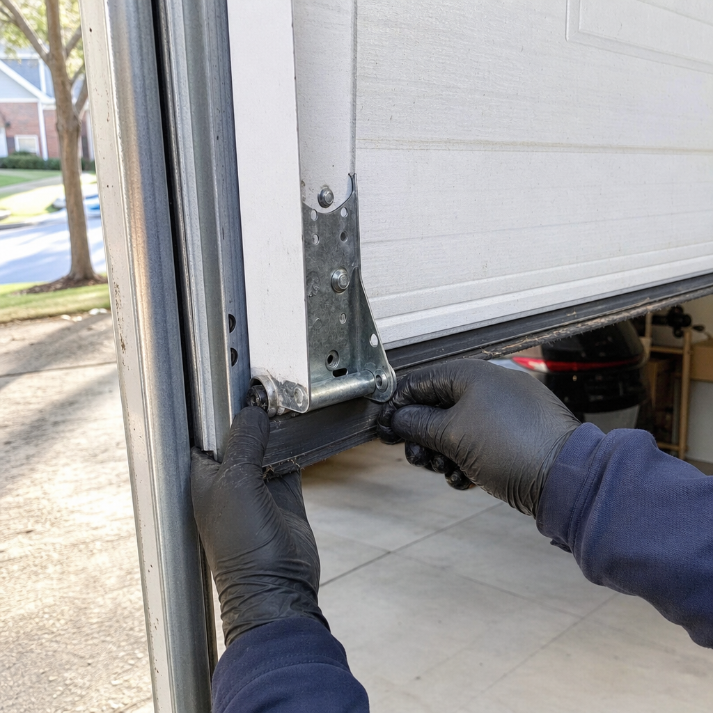 Person adjusting garage door bottom seal with black gloves in Vinings, GA