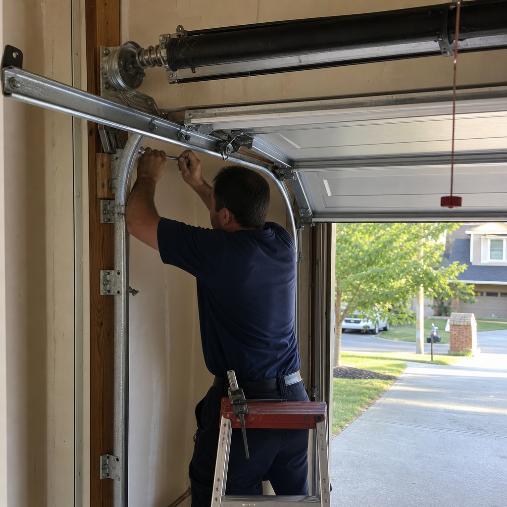 Technician installing garage door parts on the track system. in Atlanta, GA